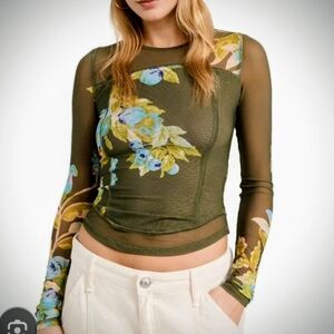 Free People-Garden Betty Top.   Green Floral Mesh Blouse